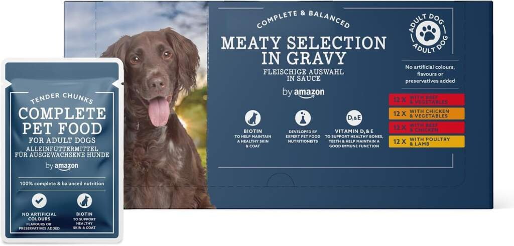 by Amazon Aliment Complet Pour Chiens Adultes, Sélection à la Viande en Sauce, 4.8 kg, 48 lot de 100g