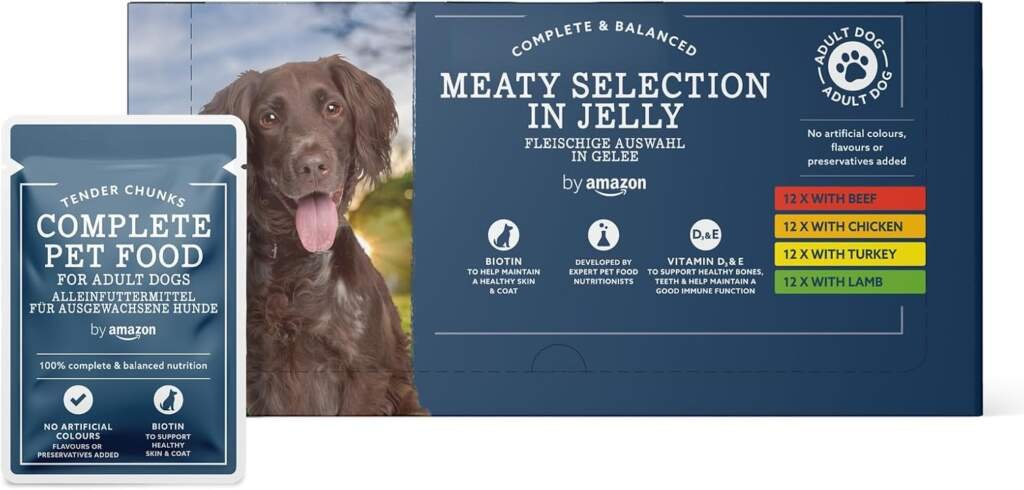 by Amazon Aliment Complet Pour Chiens Adultes, Sélection à la Viande en Sauce, 4.8 kg, 48 lot de 100g