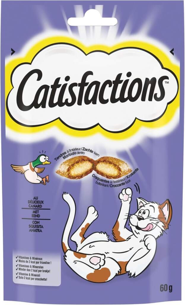 CATISFACTIONS Friandises pour Chat et Chaton au Délicieux Canard - Lot de 6 Sachets de 60g - Croquantes à lExtérieur Tendres à lIntérieur - Idéal pour Partager un Moment de Complicité