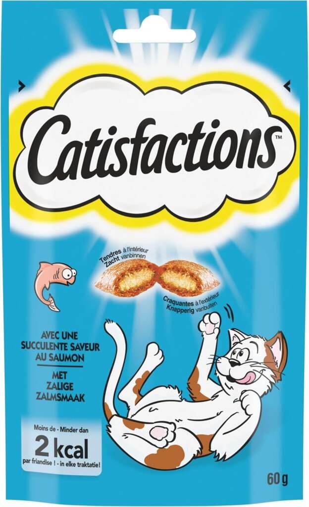 CATISFACTIONS Friandises pour Chat et Chaton Saveur Saumon - Lot de 6 Sachets 60g - Croquantes à lExtérieur Tendres à lIntérieur - Idéal pour Partager un Moment de Complicité