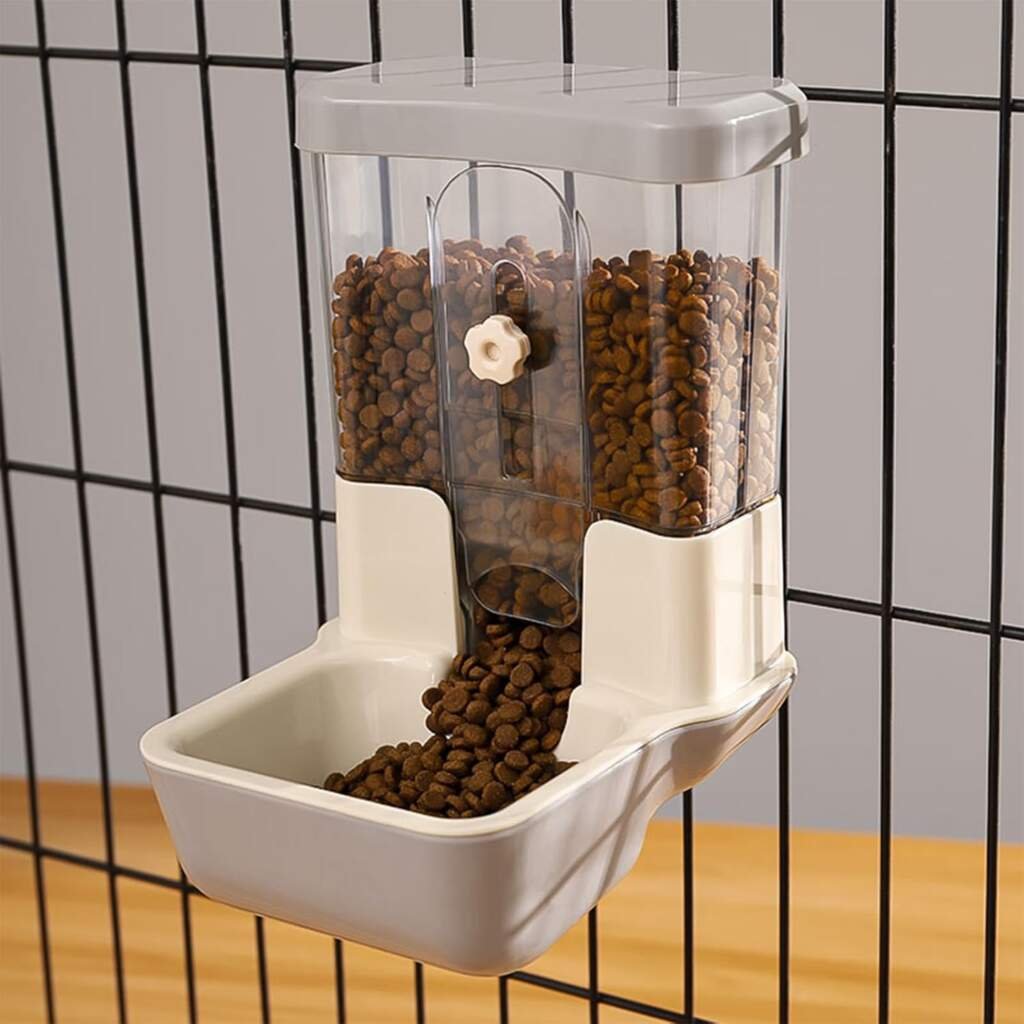 Distributeur Automatique de Nourriture pour Animaux 800ml Distributeur de Nourriture Sans Alimentation Réglable pour Cage Clapier Clôture pour Petits Animaux Lapin Cobaye Chinchilla Oiseau(Gris)