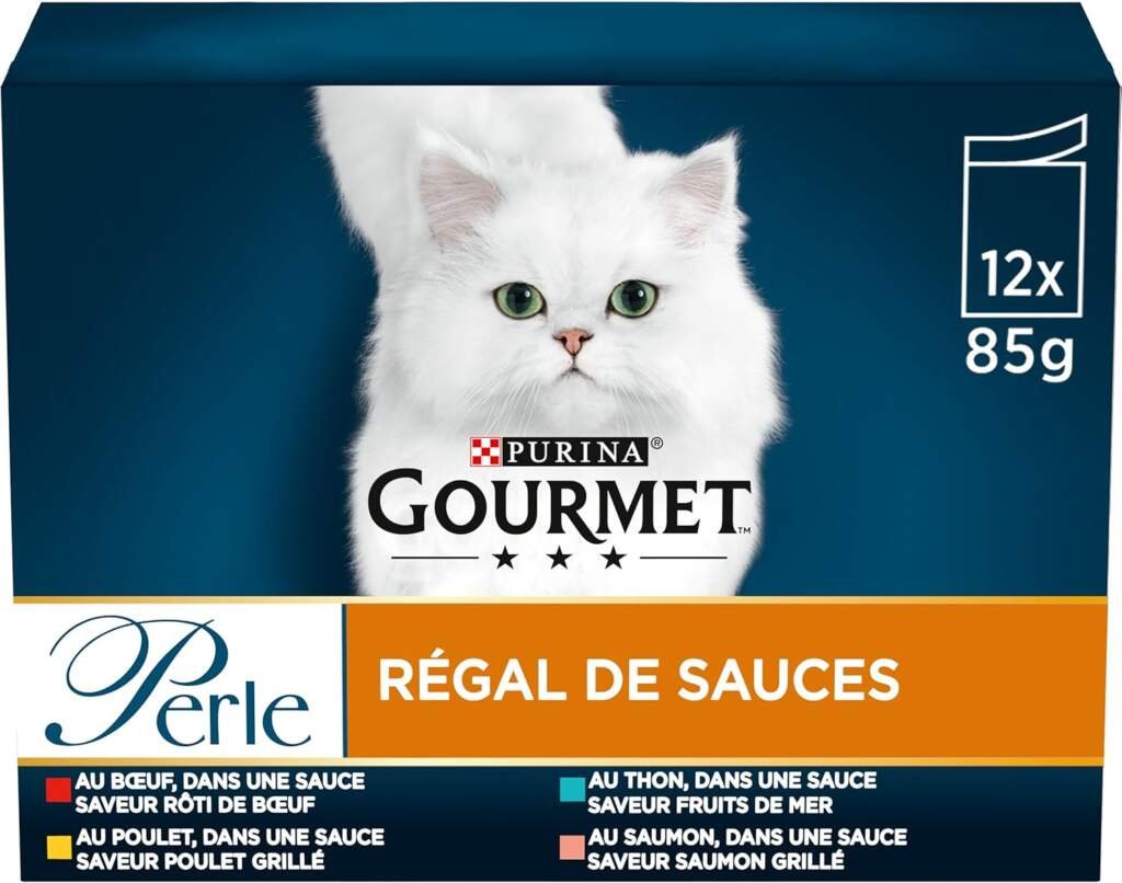 GOURMET PERLE | RÉGAL DE SAUCES | Chat Adulte | Bœuf, Poulet, Thon, Saumon | 12 x 85 g| Sachet fraicheur (Lemballage peut varier)