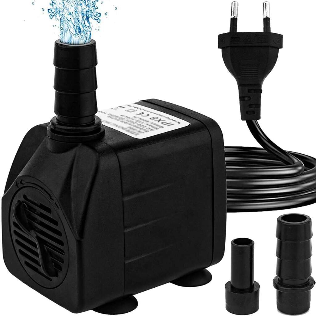 Mini pompe à eau (600 L/H, 10 W), pompe daquarium ultra silencieuse avec hub élevé, pompe de fontaine avec câble dalimentation de 1,5 m, 2 buses pour aquarium, bassin, fontaine, statues