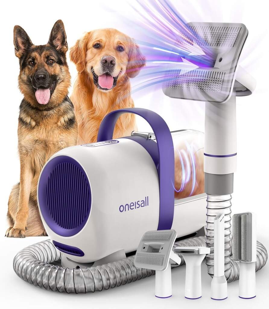 oneisall Aspirateur pour chiens avec brosse,Puissance daspiration élevée Brosse pour chiens aspirateur avec 12000 Pa,Aspire 99.99% des poils danimaux (1,5L) avec 4 accessoires dentretien(Pourpre)