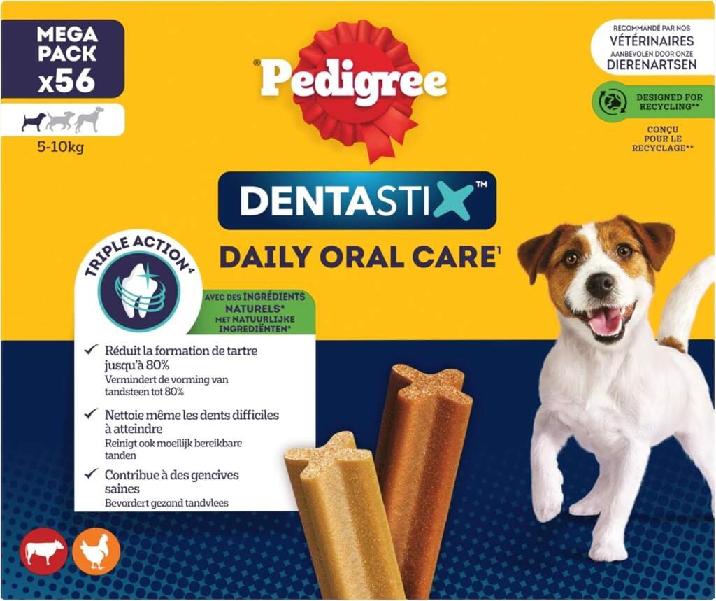 PEDIGREE DENTASTIX 56 Bâtonnets à Mâcher Bucco-Dentaires pour Petit Chien 5-10kg (Lot de 8 Sachets de 7 Friandises) - Hygiène, Scientifiquement Prouvé, Nettoyage Dents au Quotidien