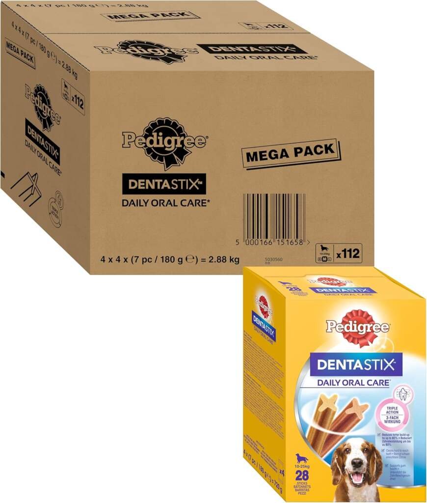 PEDIGREE DENTASTIX pour Moyen Chien 10-25kg - 112 Bâtonnets à Mâcher (Lot de 4 Boîtes de 28 Friandises) - Hygiène Bucco-dentaire, Scientifiquement Prouvé, Nettoyage Dents au Quotidien