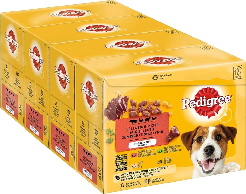 PEDIGREE Repas pour Chien - 48 Sachets Fraîcheur (Lot de 4 Packs 12x100g) - Pâtée pour Chien en Gelée - Boeuf / Volaille / Agneau / Poulet - Nourriture Complète  Equilibrée avec Ingrédients Naturels