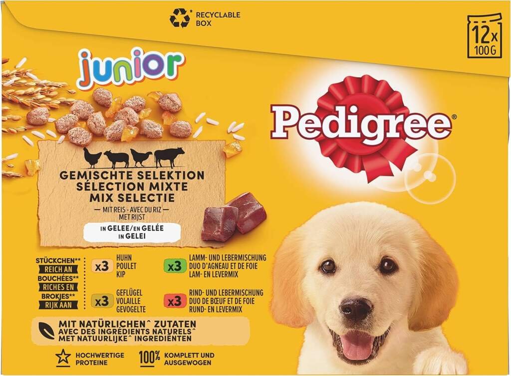 PEDIGREE Repas pour Chien - 48 Sachets Fraîcheur (Lot de 4 Packs 12x100g) - Pâtée pour Chien en Gelée - Boeuf / Volaille / Agneau / Poulet - Nourriture Complète  Equilibrée avec Ingrédients Naturels