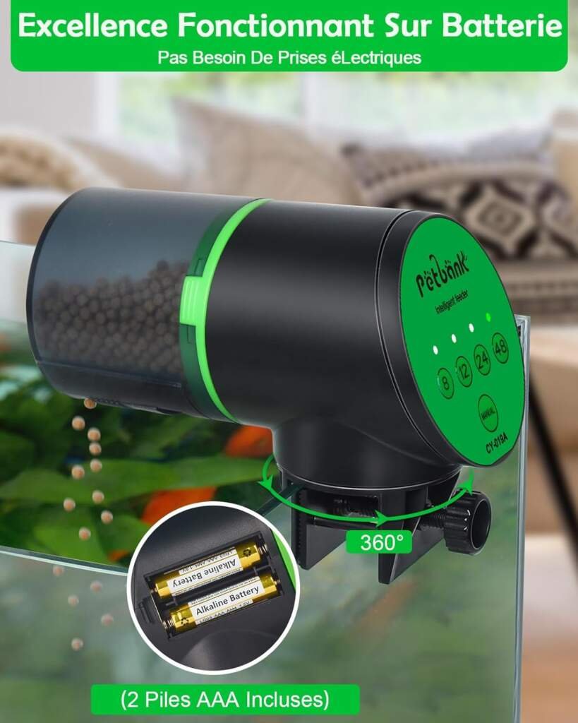 Petbank Distributeur automatique de nourriture pour poissons - Distributeur automatique de nourriture pour poissons - Minuteur de vacances - Distributeur automatique avec 2 piles AAA incluses