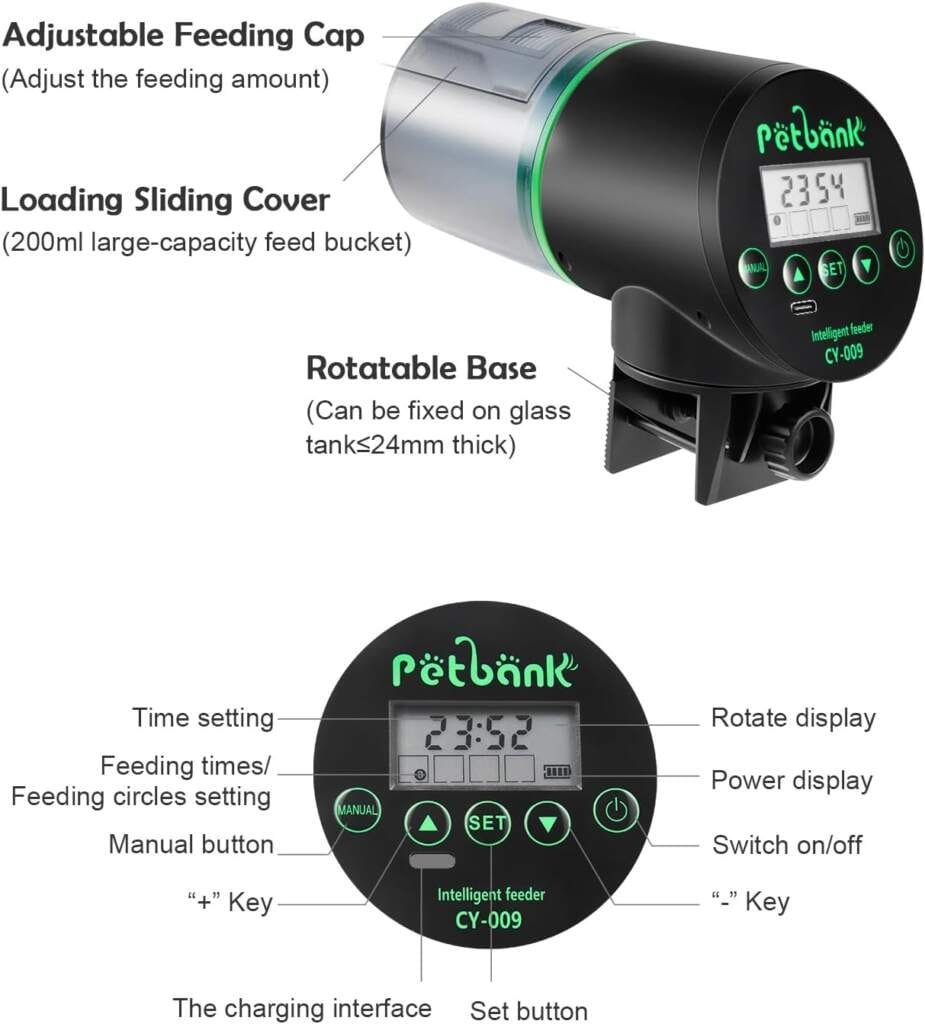 Petbank Distributeur Nourriture Poisson Aquarium - Timer Rechargeable avec Câble de USB Charger, Distributeur Automatique Aquarium avec Ecran LCD, Distributeur Nourriture Tortue,Noir