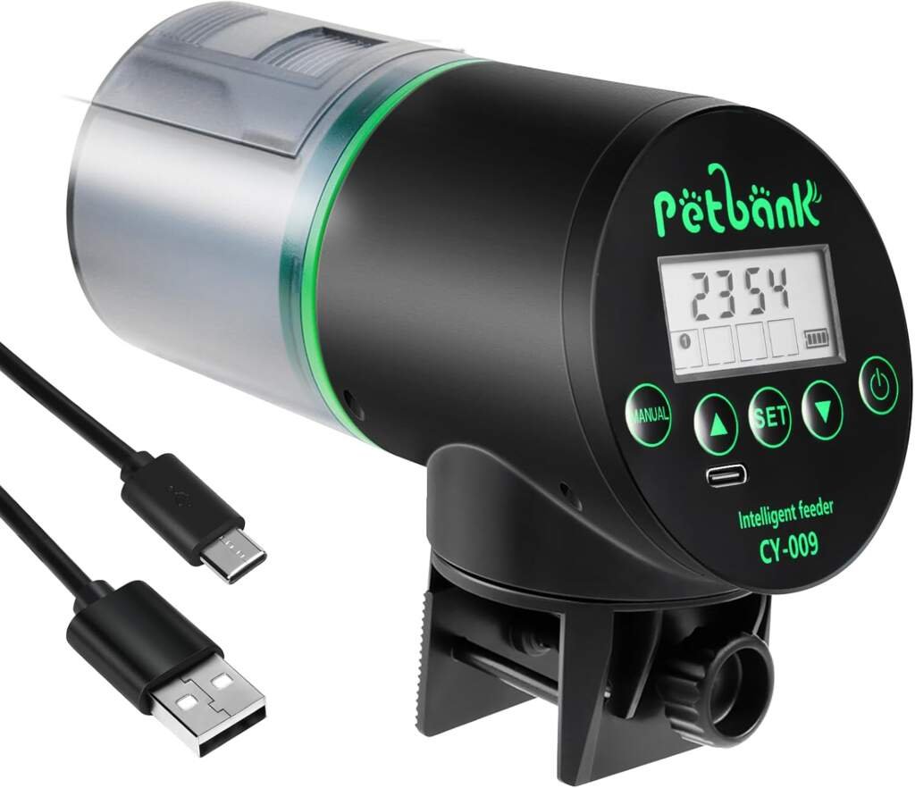 Petbank Distributeur Nourriture Poisson Aquarium - Timer Rechargeable avec Câble de USB Charger, Distributeur Automatique Aquarium avec Ecran LCD, Distributeur Nourriture Tortue,Noir