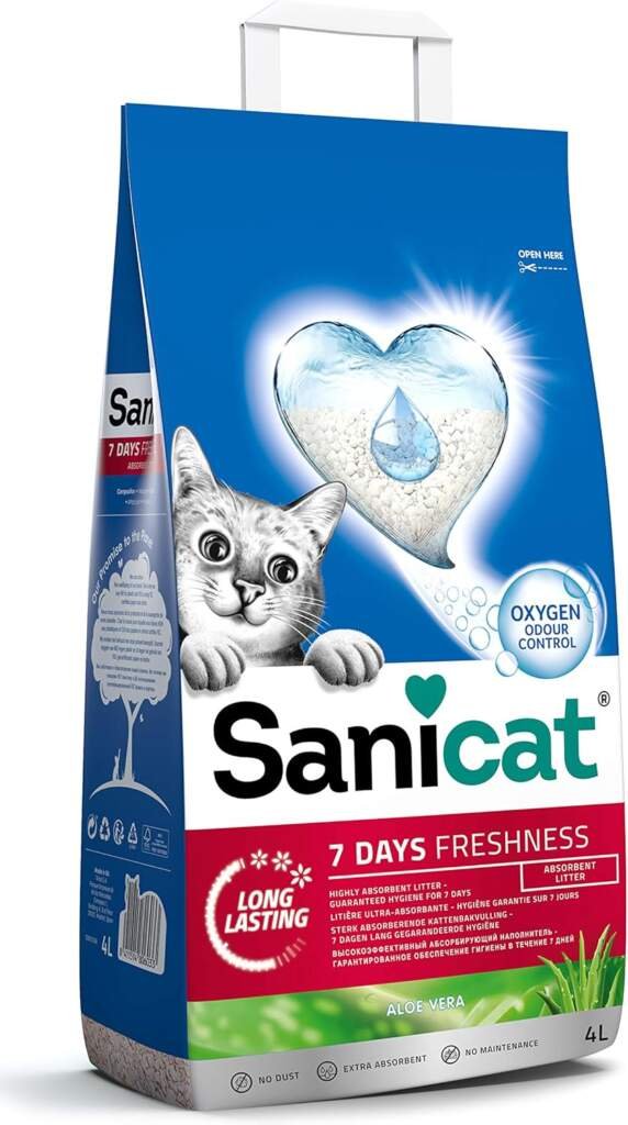 Sanicat - Litière Classic parfum Aloe Vera, Contrôle des odeurs pendant 7 jours, Absorption rapide, Produit de haute qualité pour l’hygiène de votre animal, Format : 4 L