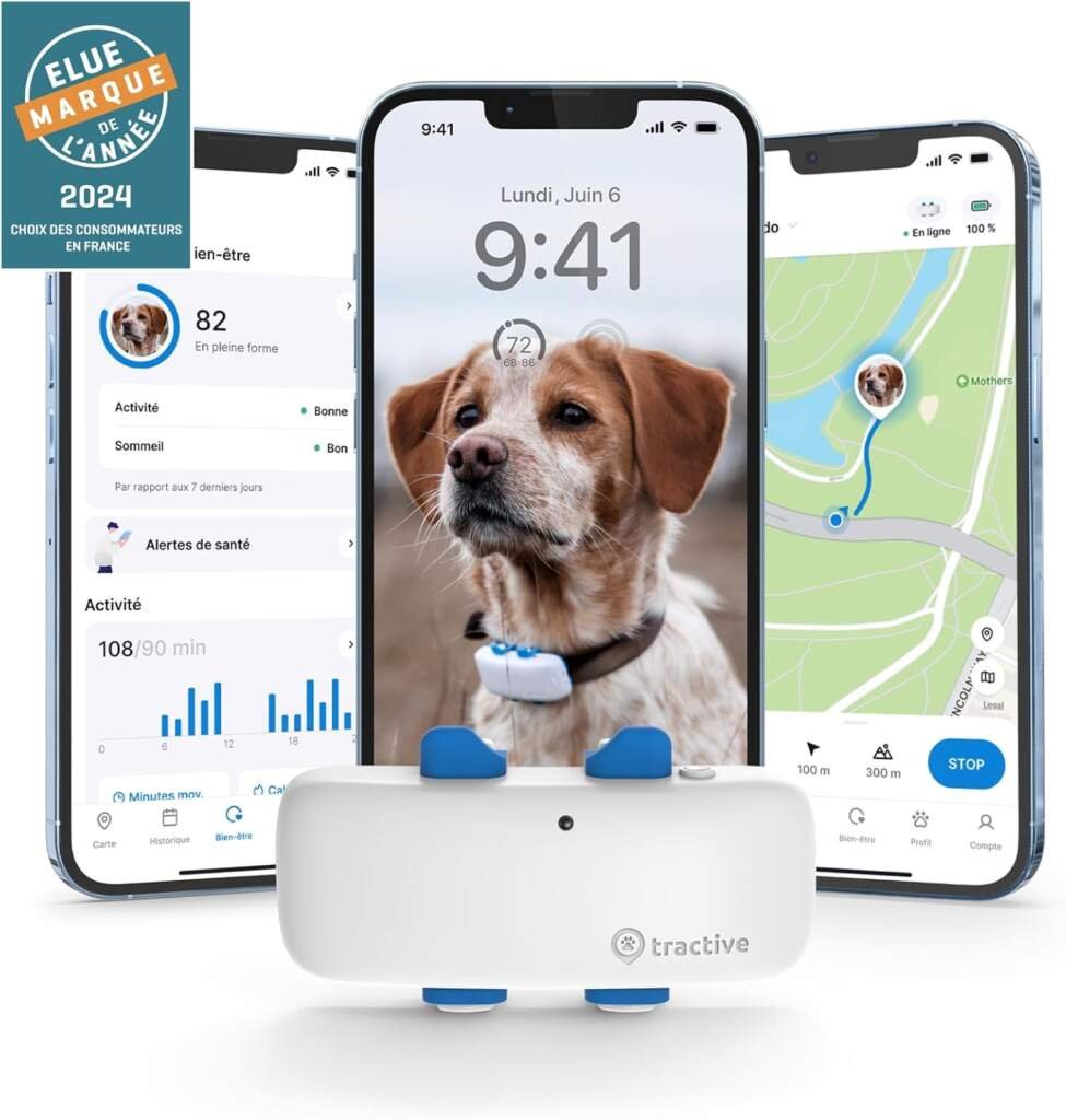 Tractive – Collier GPS pour chien - Élue Marque de lAnnée - Localisation globale en direct - Alertes anti-fugue - Moniteur dactivité avec alertes de santé