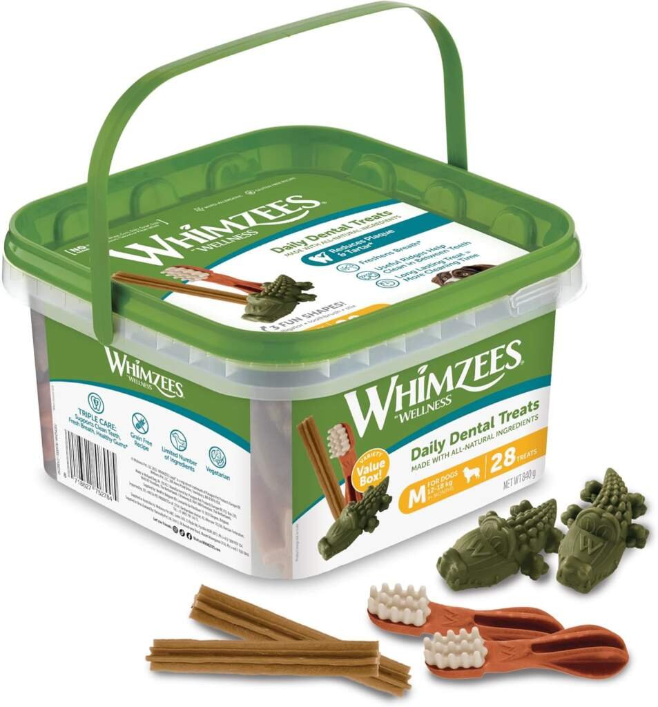 WHIMZEES by Wellness, Friandises Naturelles pour lHygiène Bucco-Dentaire à Mâcher pour Chien de Taille Moyenne, Boîte de Variété, Taille M, Boîte de 28 Pièces