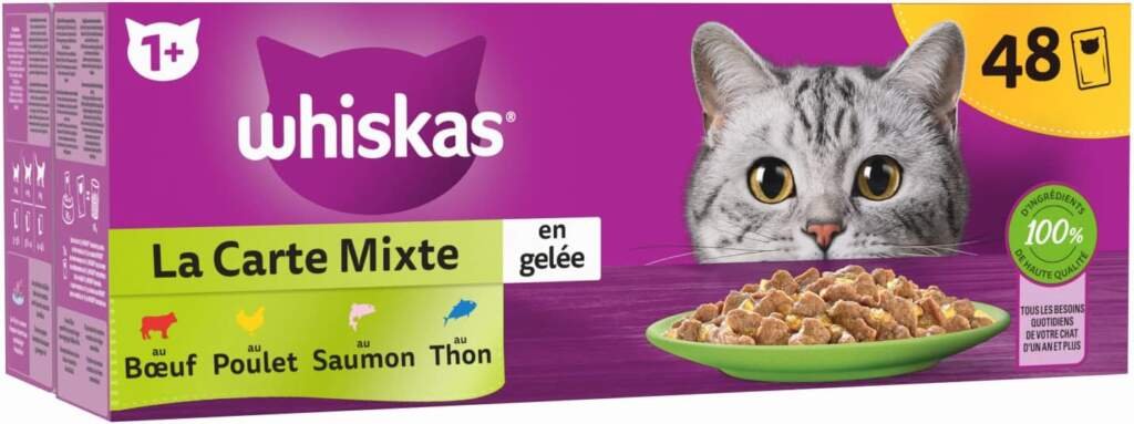 WHISKAS Repas - 48 Sachets Fraîcheur - La Carte Mixte (4 variétés) - Pâtée pour Chat Adulte en Gelée – Nourriture Humide Complète  Equilibrée, Adaptée aux Chats Stérilisés