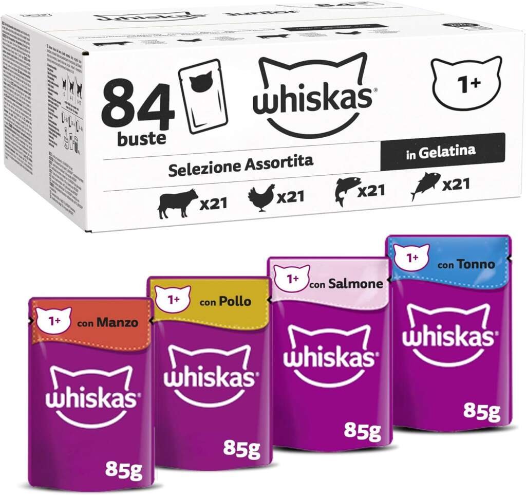 WHISKAS Repas - 48 Sachets Fraîcheur - La Carte Mixte (4 variétés) - Pâtée pour Chat Adulte en Gelée – Nourriture Humide Complète  Equilibrée, Adaptée aux Chats Stérilisés