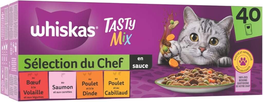 WHISKAS Repas pour Chat - 40 Sachets Fraîcheur - Tasty Mix Sélection du Chef (4 variétés) - Pâtée pour Chat Adulte en Sauce – Nourriture Humide Complète  Equilibrée