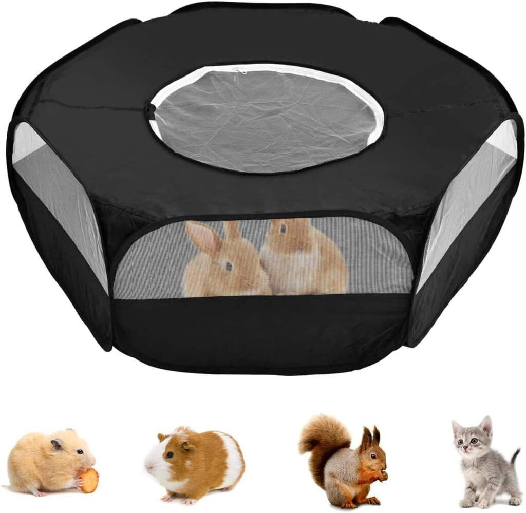 HELIAN Parc pour Petit Animal avec Couverture, Cage Pliable, Portable, imperméable et Respirante, pour Lapin, écureuil, Chaton, Chiot, Chinchilla et hérisson (Noir)