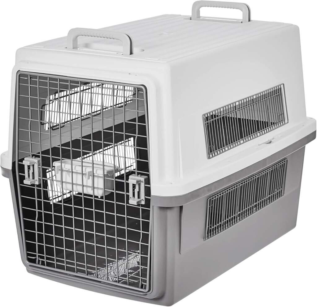 Iris Ohyama, Caisse, Cage, Box de transport pour Chien, Chat, 2 Portes, Clips, et Loquet de Sécurité, Plastique(PP) sans BPA, L46 x P29 x H28.5 cm, Train, Voiture et Avion, ATC-460, Gris