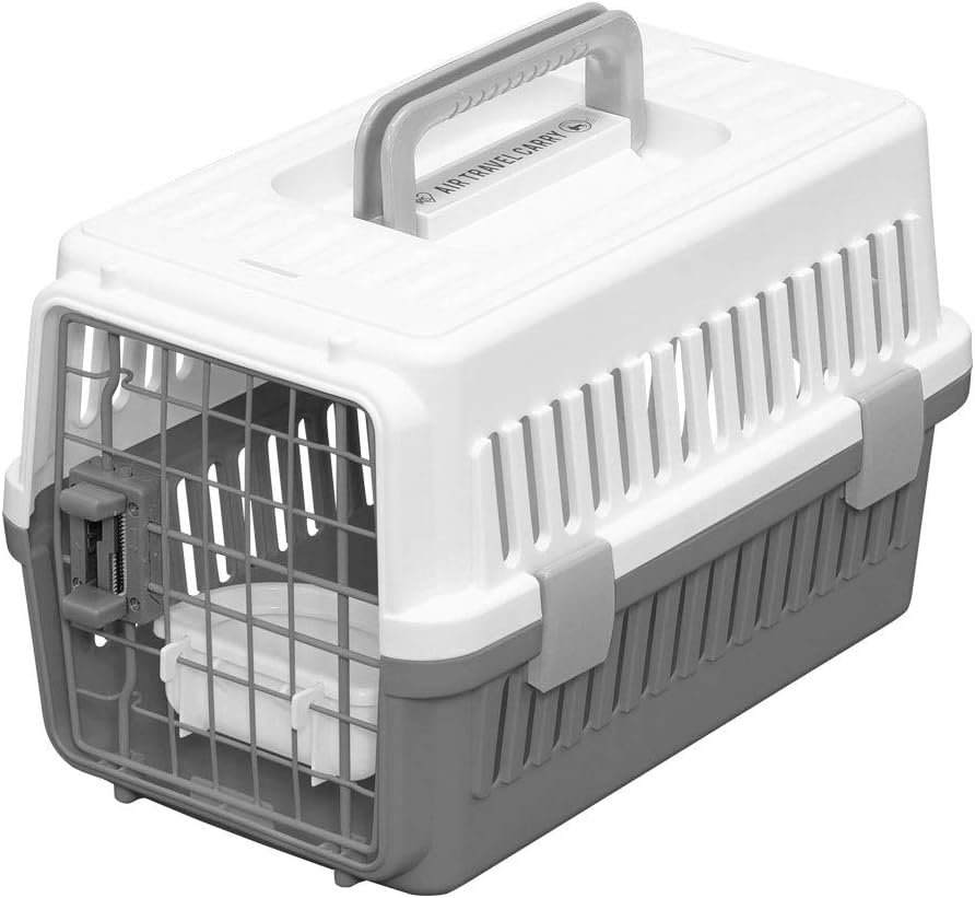 Iris Ohyama, Caisse, Cage, Box de transport pour Chien, Chat, 2 Portes, Clips, et Loquet de Sécurité, Plastique(PP) sans BPA, L46 x P29 x H28.5 cm, Train, Voiture et Avion, ATC-460, Gris