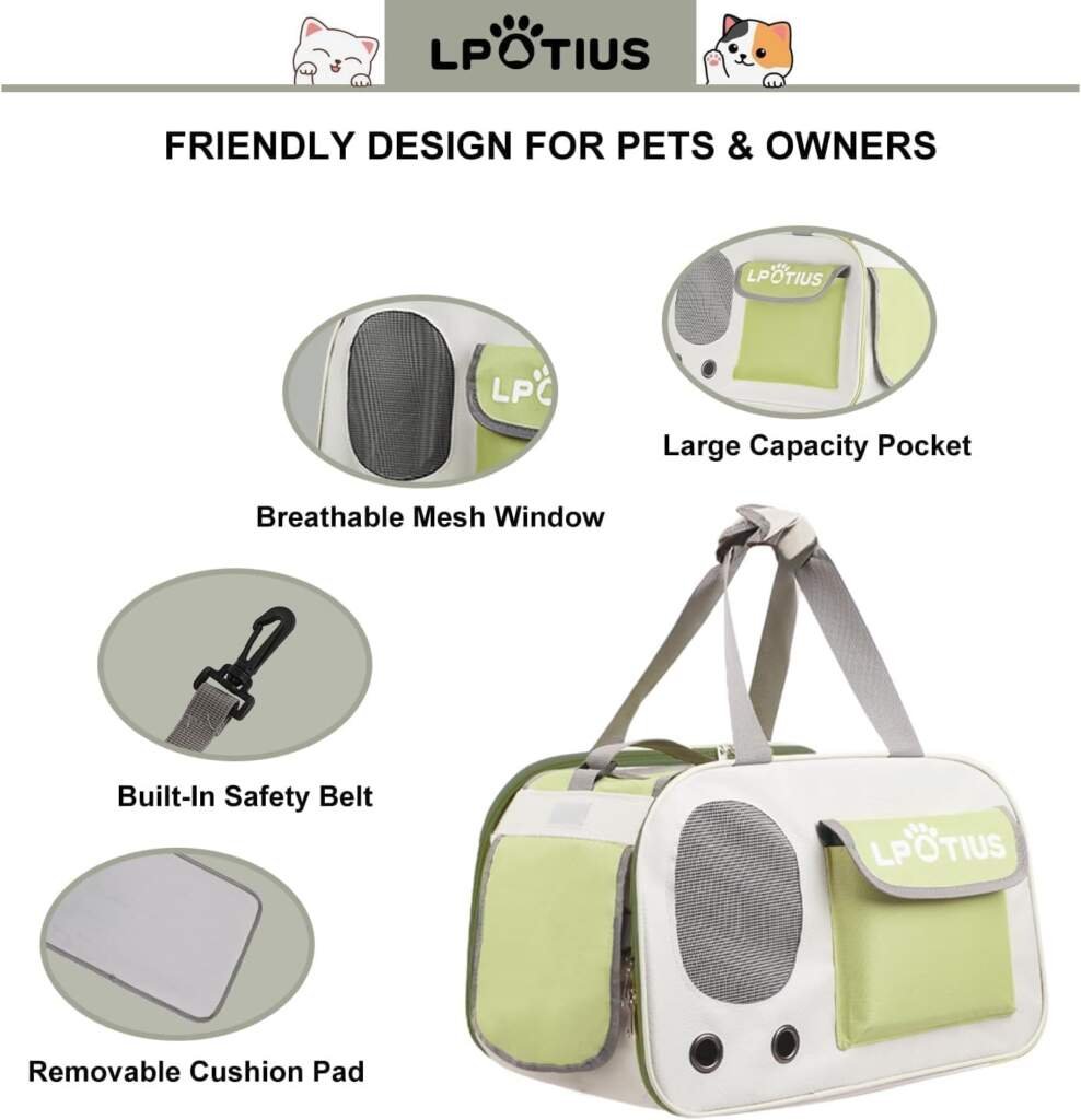 LPOTIUS Sac de transport pour chat et chien - Pliable jusquà 8 kg - Portable - Sac de transport pour chat - Sac de transport pour chien de taille moyenne - Vert