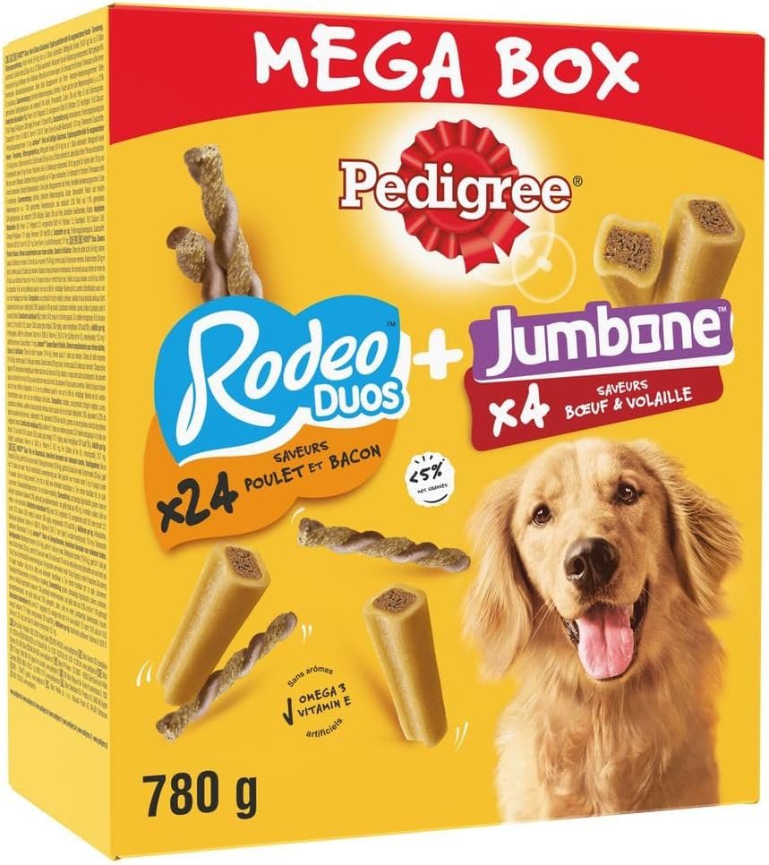 PEDIGREE MEGA BOX Récompenses - Mix Friandises Rodeo Duo 24 sticks  Jumbone 4 Os à Mâcher - 780g - Friandises Idéales pour Eduquer ou Faire Plaisir à son Chien