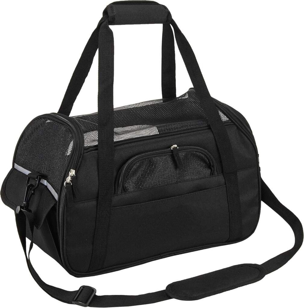 PETTOM Cage de Transport pour Chien et Chat - Pliable - Imperméable - avec bandoulière - Rembourrage Doux - pour Les Voyages en Avion, en Voiture ou en Train - Noir - Taille L : 47 x 23 x 28 cm