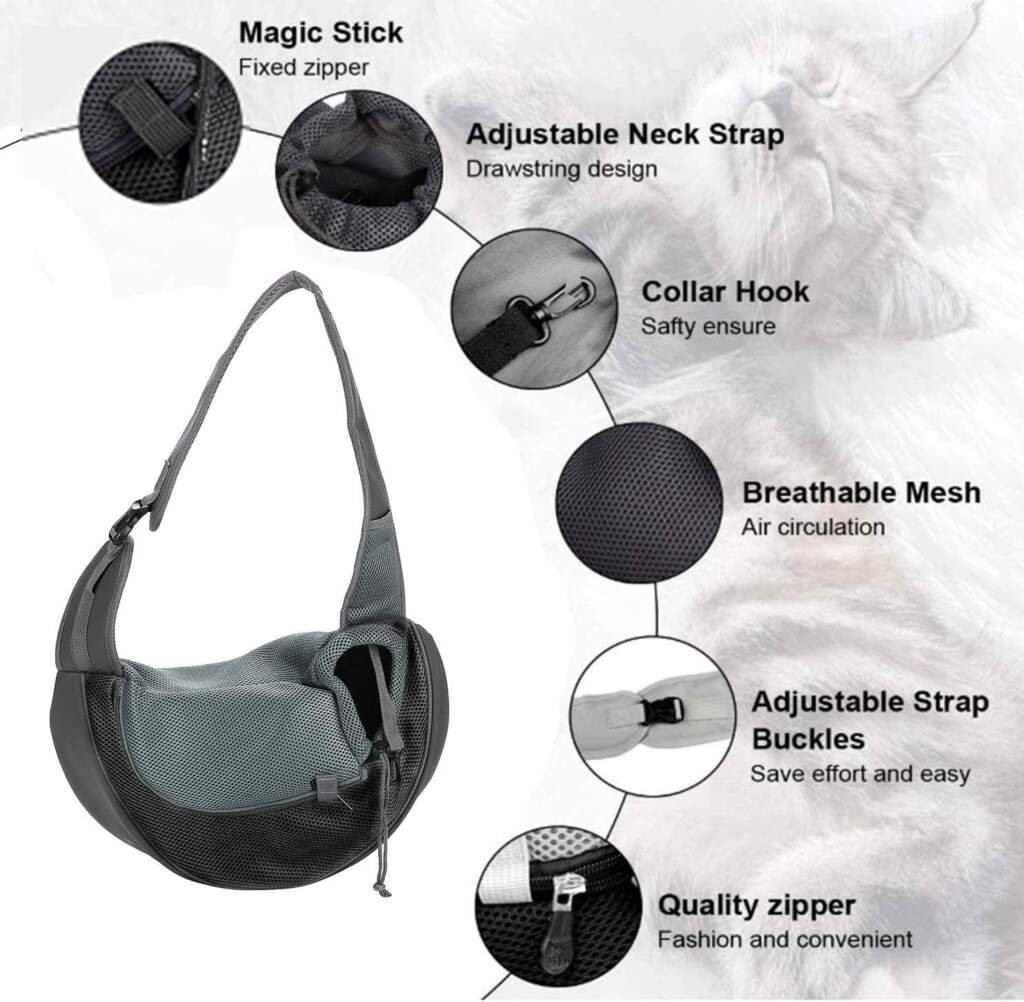 Sac de Transport Chien Sac à Bandoulière pour Chat Chiot Réglable Sac de Voyage pour Petits Animaux Sac à Main Chien avec Pochette en Filet Respirant Sacoche Chien Portable pour Marché Extérieur