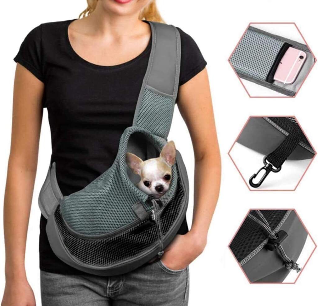 Sac de Transport Chien Sac à Bandoulière pour Chat Chiot Réglable Sac de Voyage pour Petits Animaux Sac à Main Chien avec Pochette en Filet Respirant Sacoche Chien Portable pour Marché Extérieur