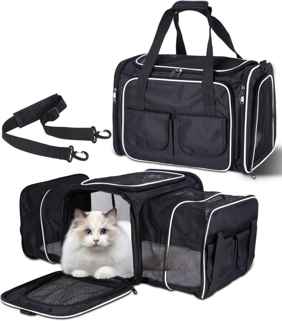 Sac Transport Chat Respirant et Pliable, Sac de Transport pour Chat avec Matelas en Peluche, Caisse de Transport Chat Poches Latérales pour Voyage en Avion Train, Caisse Transport Chat (Noir)