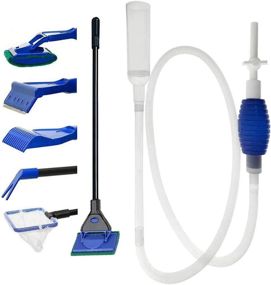 SLOCME Kit de nettoyage pour aquarium - Grattoir à algues 5 en 1 et nettoyeur de gravier pour aquarium - Pompe à siphon manuelle pour drainer et remplacer votre eau en quelques minutes