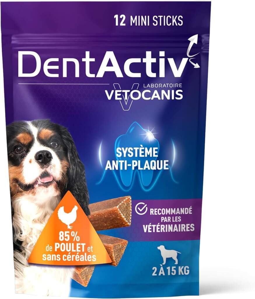 Vetocanis | Dentactiv | Stick Dentaire Chien | Friandises pour Chien Gourmandes | pour lHygiène et Santé du Chien | Riche en Viande | 85% de Poulet | Recommandé par Les Vétérinaires | Chien 2 à 15kg