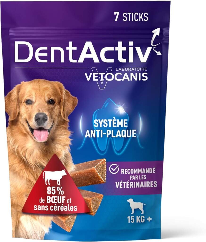 Vetocanis | Dentactiv | Stick Dentaire Chien | Friandises pour Chien Gourmandes | Pour lHygiène et Santé du Chien | Riche en Viande | 85% de Boeuf | Recommandé par les Vétérinaires | Chien 15 kg et +