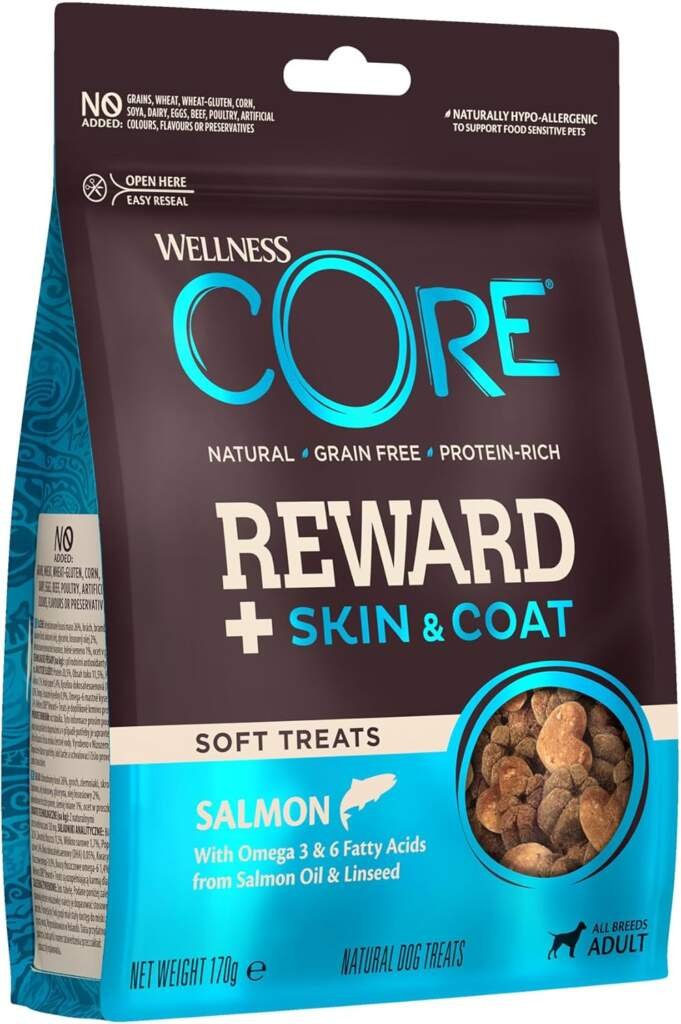 Wellness CORE Reward+ Saumon, Friandises moëlleuses pour Chien, soutient Peau Saine  pélage Brillant, Naturel, sans céréales, Riche en protéines, 170g