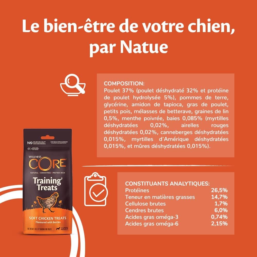 WELLNESS CORE WELLNESS CORE Training Treats Poulet  Baies, Friandises Moelleuses pour Chien, Parfait lapprentissage, Naturelles, sans Céréales, Riche en protéines, 170 g