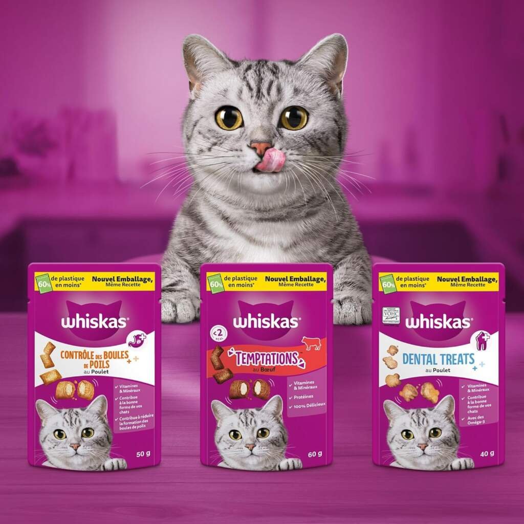 WHISKAS LES IRRÉSISTIBLES - Friandises au Poulet  au Fromage pour Chat Adulte - 8 Boîtes de 60g - Sans Arômes Artificiels, Idéal pour Partager un Moment de Complicité