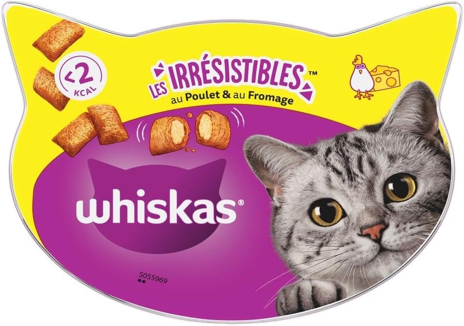 WHISKAS LES IRRÉSISTIBLES - Friandises au Poulet  au Fromage pour Chat Adulte - 8 Boîtes de 60g - Sans Arômes Artificiels, Idéal pour Partager un Moment de Complicité