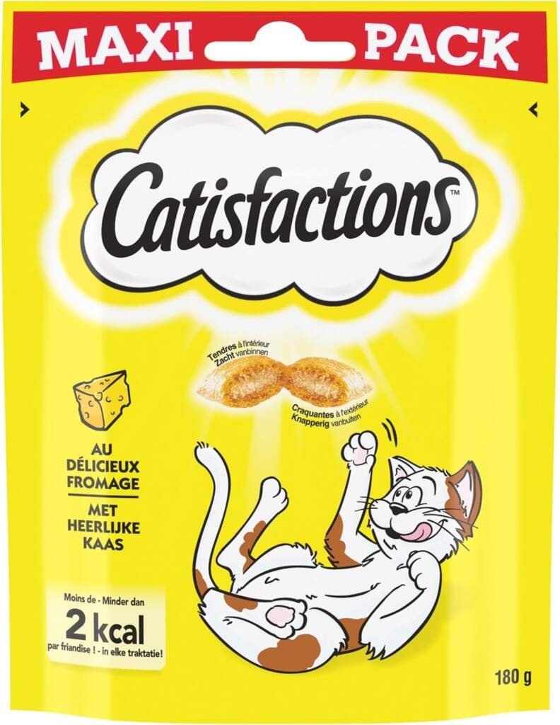 CATISFACTIONS Friandises pour Chat et Chaton au Délicieux Fromage - Lot de 4 Sachets MAXI 180g - Croquantes à lExtérieur Tendres à lIntérieur - Idéal pour Partager un Moment de Complicité