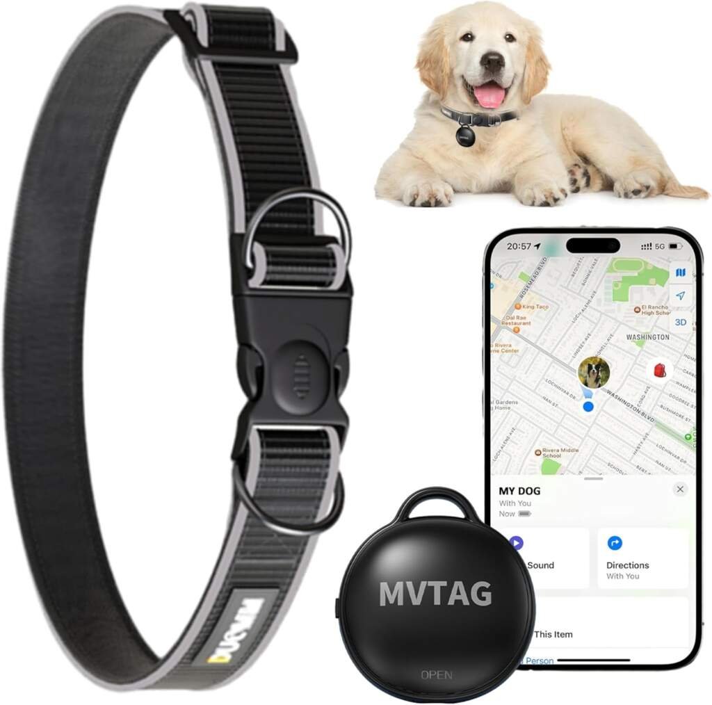 Collier GPS pour Chat et Chien avec Traceur - Dispositif de localisation/portée illimitée/Mode Perdu pour Chien Taille Ajustable Intelligent Ensemble Collier-Fonctionne avec Apple Find My (iOS Uniquement)