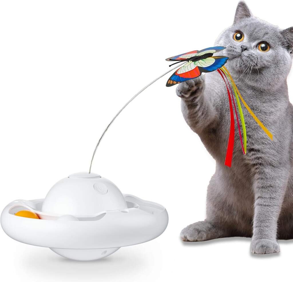 Gmiigu Jouet Chat Interieur, Jouet Chaton interactif électrique Automatique avec 2 Papillons et 2 balles, 3 Modes Jouets pour Chats, Jeu Chat, Jeux Chat gobelet Qui Tourne, Blanc (sans Batterie)