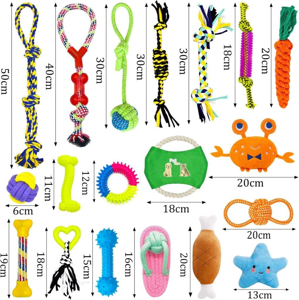 HEPAZ Jouets pour Chien,19 Pièces de Jouet Chiot Chien,y Compris la Corde avec Balle,Corde avec Nœud,Anneau de Caoutchouc,Coton Jouets à Mâcher Durables pour Petits Moynne et Grande Chiens