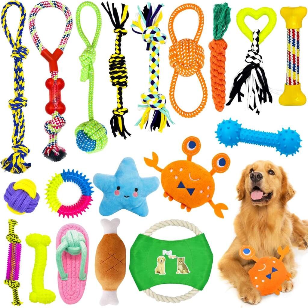 HEPAZ Jouets pour Chien,19 Pièces de Jouet Chiot Chien,y Compris la Corde avec Balle,Corde avec Nœud,Anneau de Caoutchouc,Coton Jouets à Mâcher Durables pour Petits Moynne et Grande Chiens