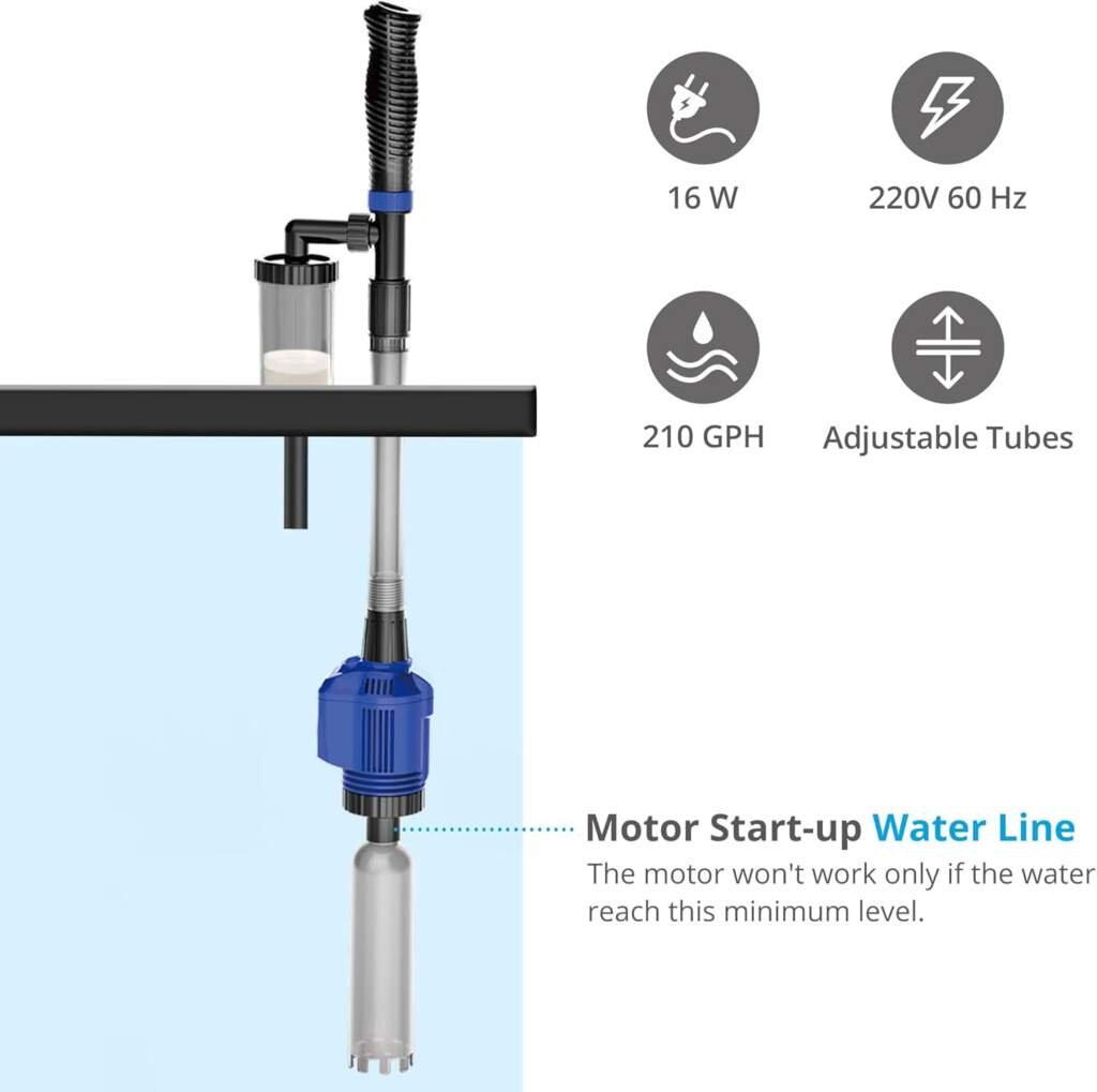 NICREW 3 en 1 Aspirateur Automatique pour Aquarium, Nettoyeur de Gravier avec Éponge Filtrante, Aspirateur de Gravier Électrique Convient pour Aquarium Moyen et Grand, 800 L/H, 16 W