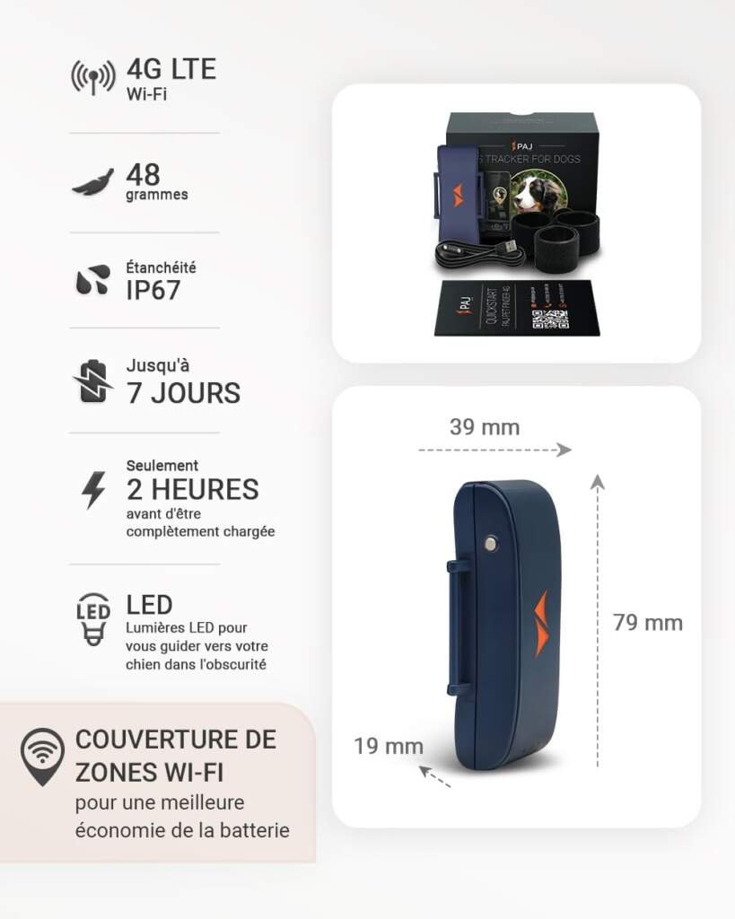 PAJ GPS pour Chien - Alarme de Fugue + Suivi en Direct - Mode déconomie de Batterie près de routeur - Signaux sonores- Lumières LED- Étanche (IP67) - sadapte à Tous Les Colliers