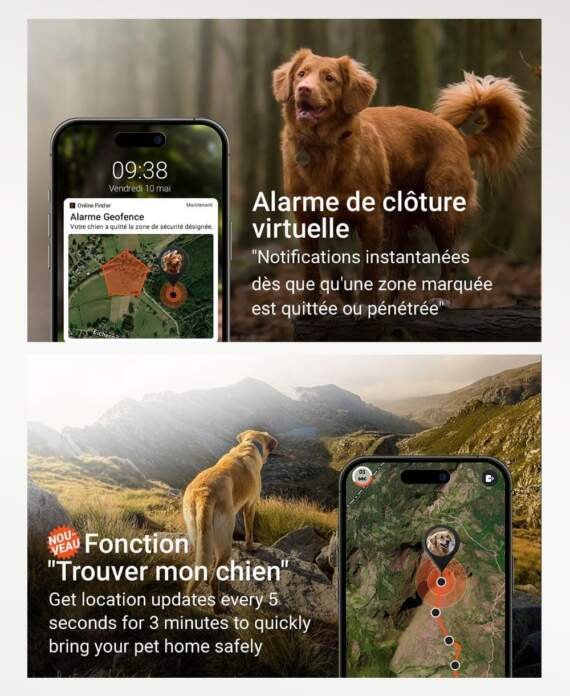 paj gps pour chien alarme de fugue suivi en direct mode deconomie de batterie pres de routeur signaux sonores lumieres l 5