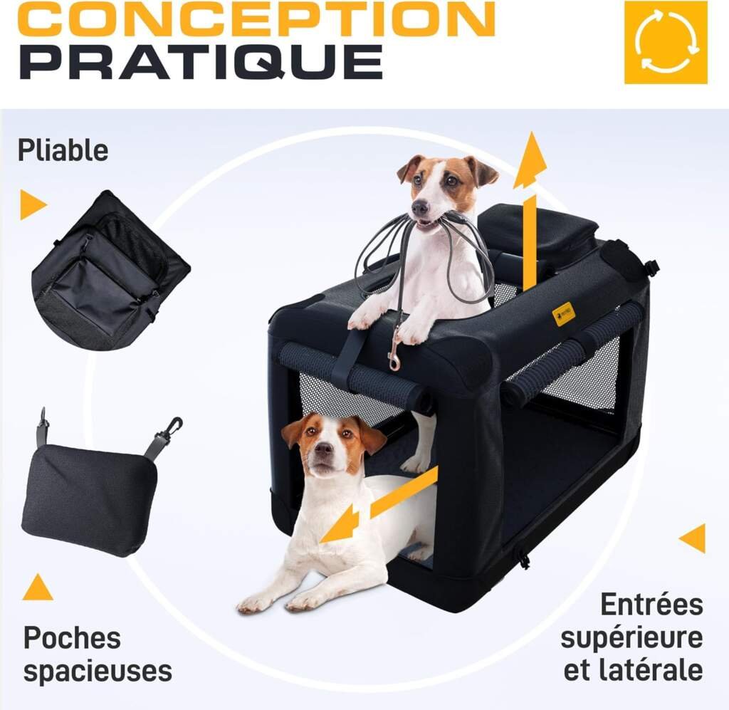 PetProved Cage de Transport Chien Caisse de Transport pour Chien Chat Niche Sac de Transport pour Chiens Caisse Transport Voiture Cage Chien Panier (70x52x52 cm)