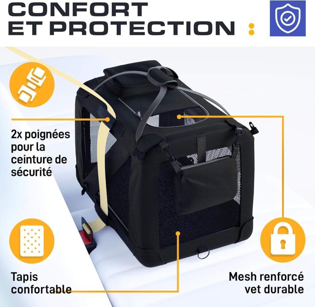 PetProved Cage de Transport Chien Caisse de Transport pour Chien Chat Niche Sac de Transport pour Chiens Caisse Transport Voiture Cage Chien Panier (70x52x52 cm)