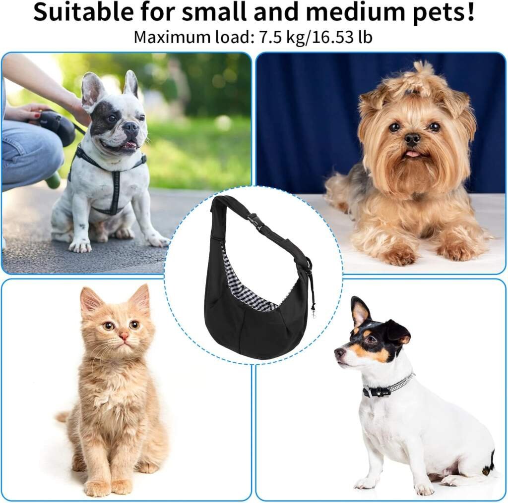 Sarsumir Sac de Transport pour Chien et Chat Bandoulière Réglable Sac à Bandoulière Mains Libres Petit Chien pour Petit Moyen Animaux Jusqu’à 7.5kg, Noir