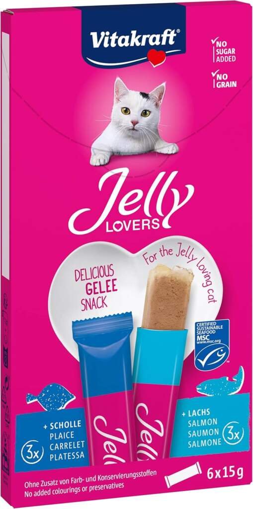 Vitakraft Jelly Lovers - Friandise pour Chats en gelée à lécher au Saumon labellisé MSC et au Carrelet - Recette sans sucre ni céréales ajouté (1 x 90g)