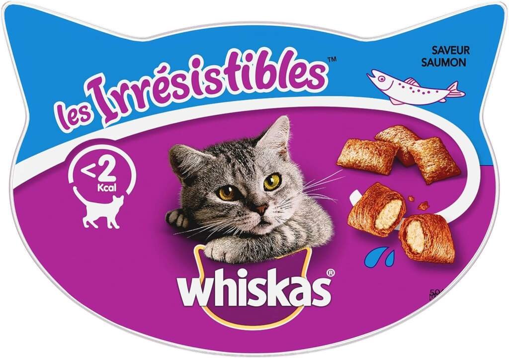 WHISKAS LES IRRÉSISTIBLES - Friandises au Saumon pour Chat Adulte - 8 Boîtes de 60 g - Croquantes à lExtérieur et Fondantes à lIntérieur